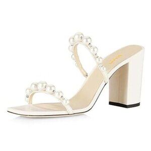 XYD Women Square Open Toe Pearls Embellished Dual Straps Slides Sandals Slip On